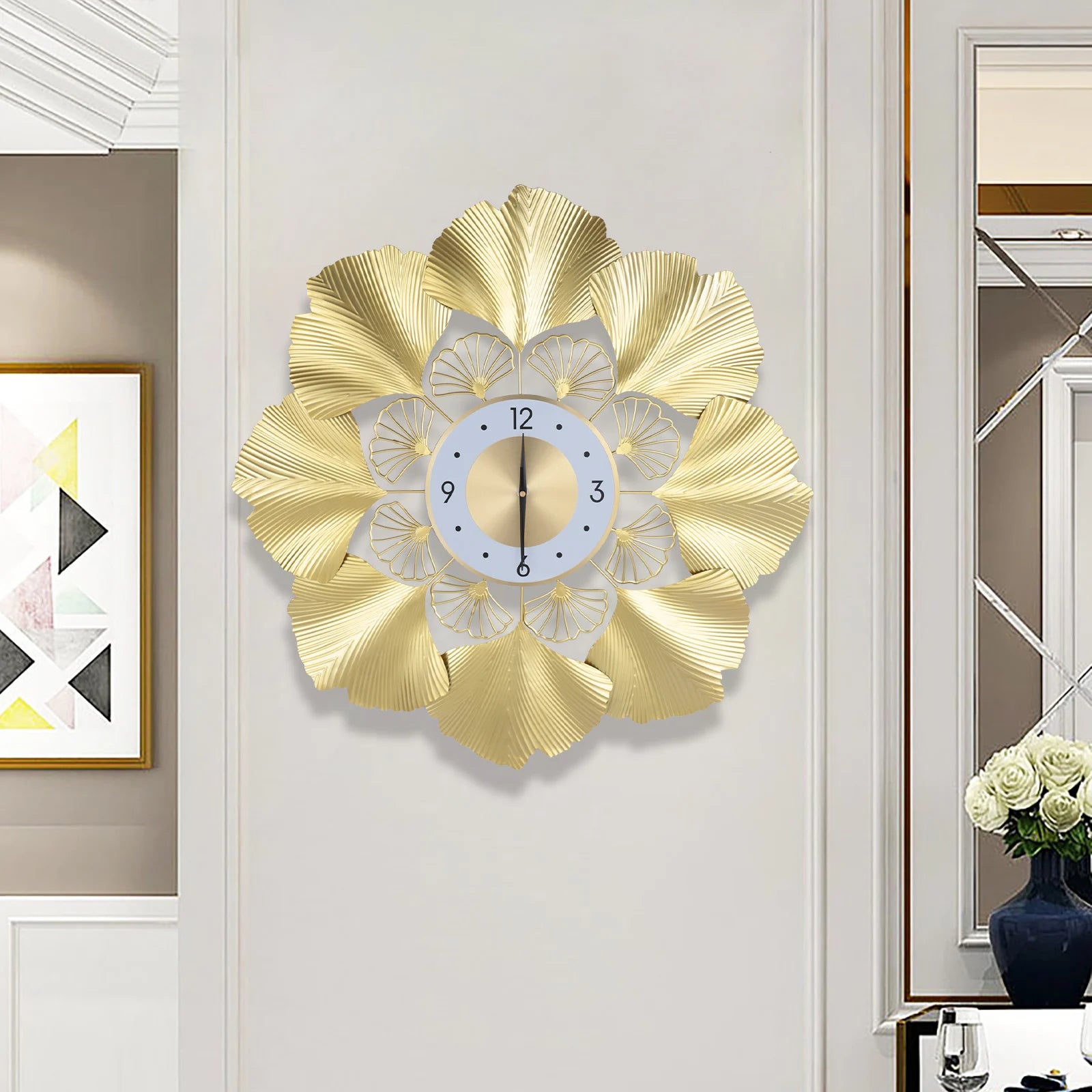 Ginkgo Wall Clock 3D Creative Ginkgo Wall Clock Golden Dial Design Silent Scanning Second Movement Digital Display Study Office