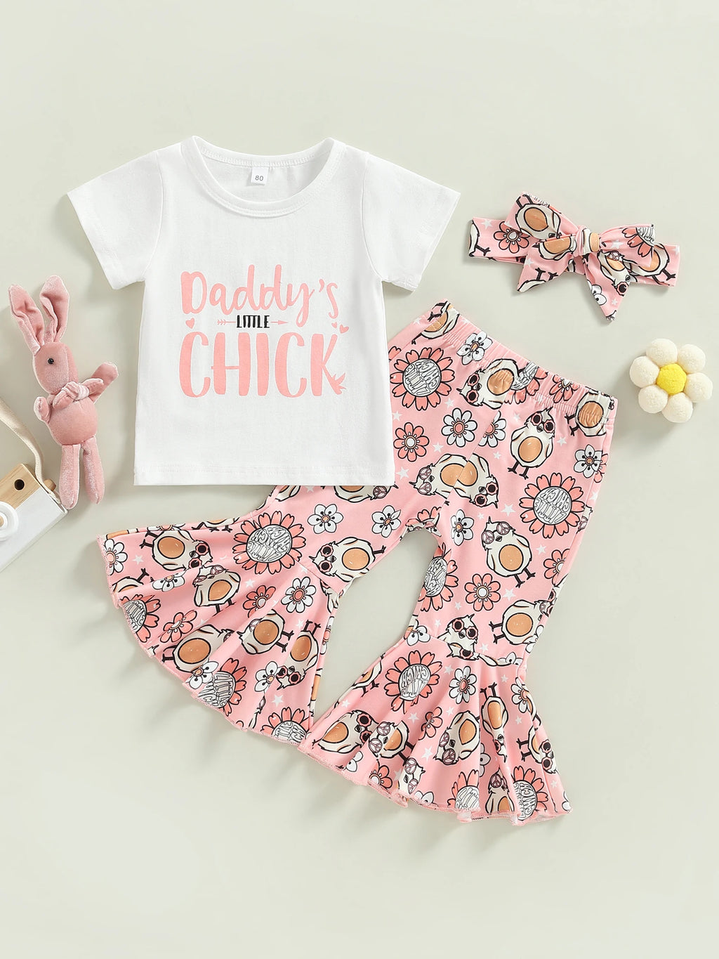 Baby Girls Easter Outfit Sets Pink Ruffle Sleeve Top Bunny Print Leggings Matching Headband and Bow