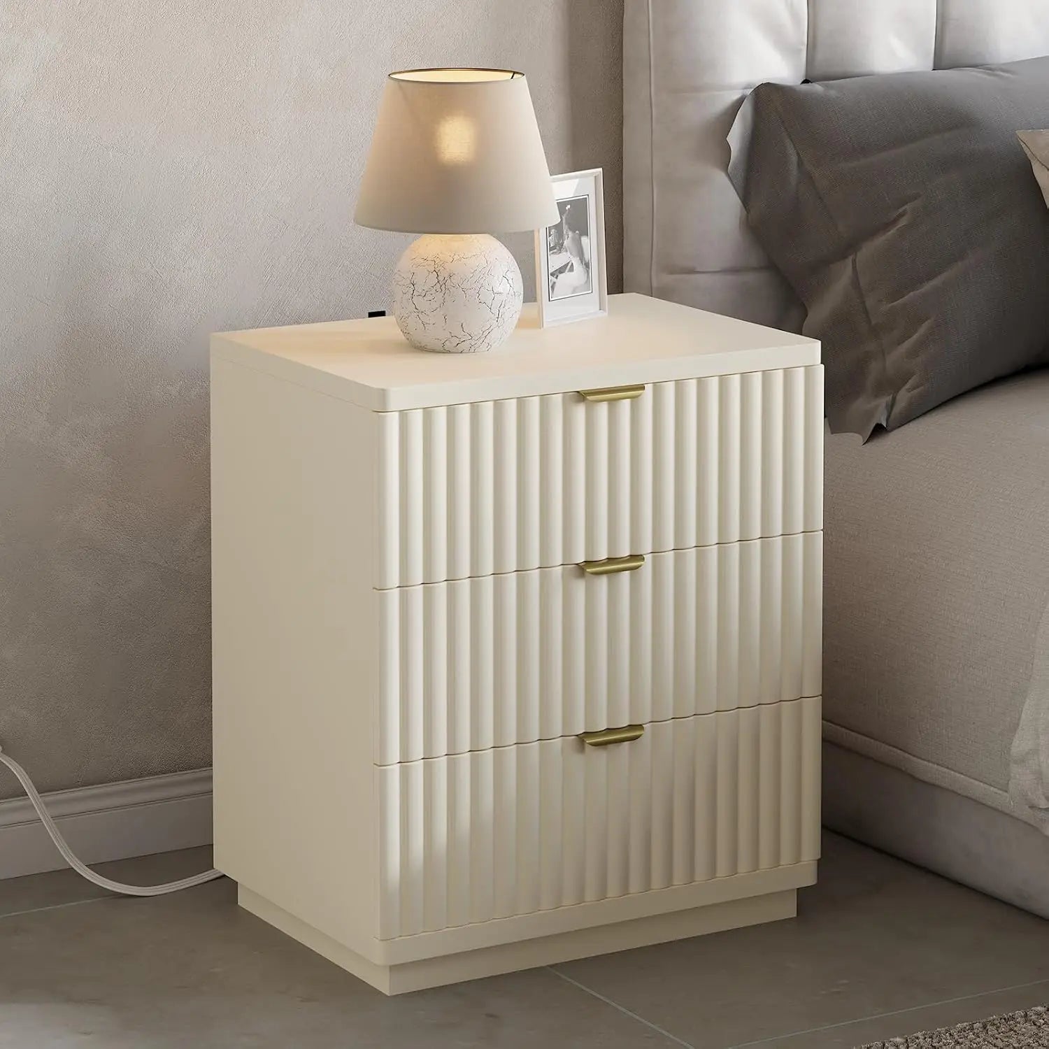 Nightstands Set of 2, Fluted Nightstand with Charging Station and 3 Drawer Storage, Large Modern Bedside Table,, Customized