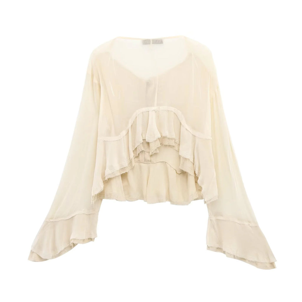 Spring New Product Spicy Girl High End Layered Decoration Romantic Style Translucent Trumpet Sleeve Shirt