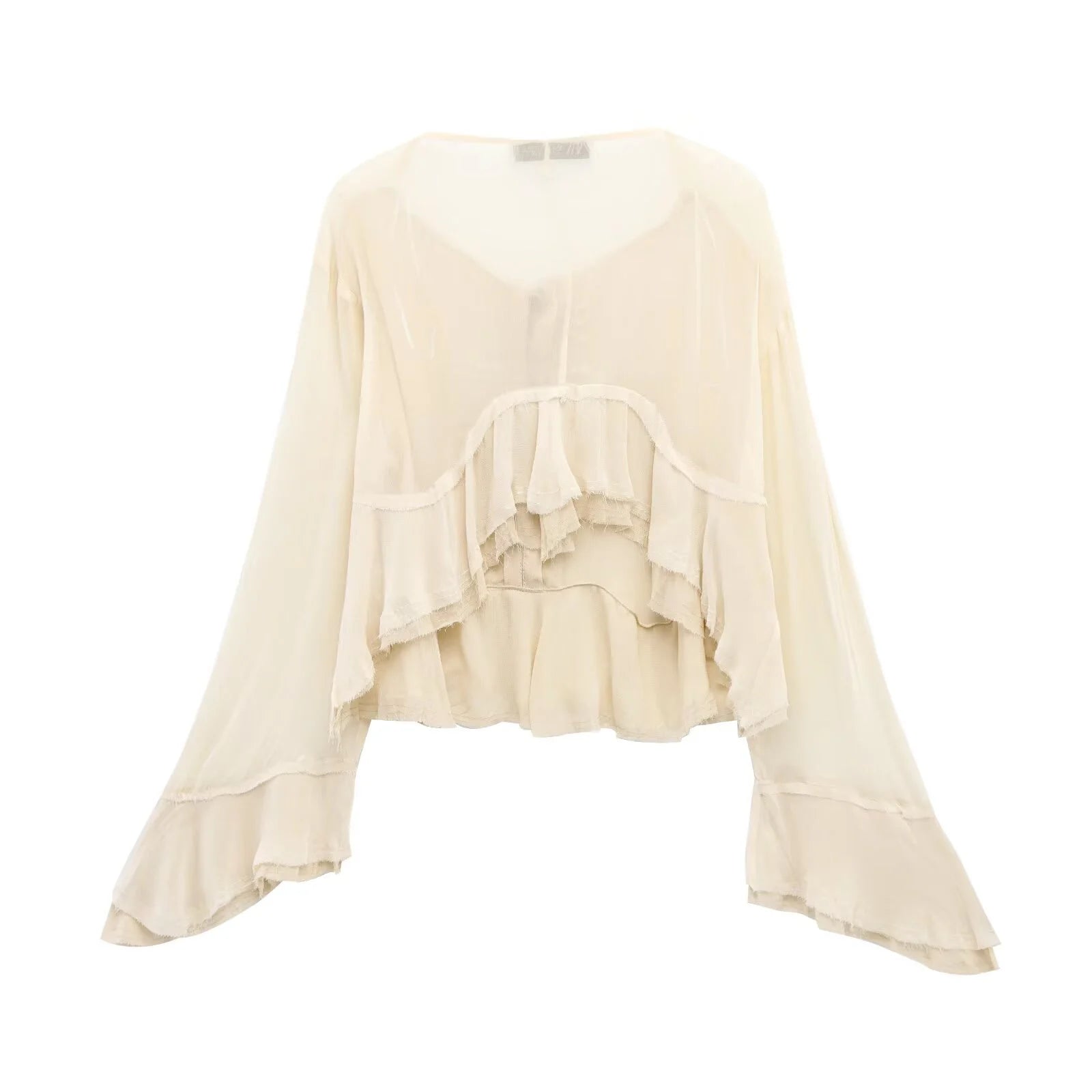 Spring New Product Spicy Girl High End Layered Decoration Romantic Style Translucent Trumpet Sleeve Shirt