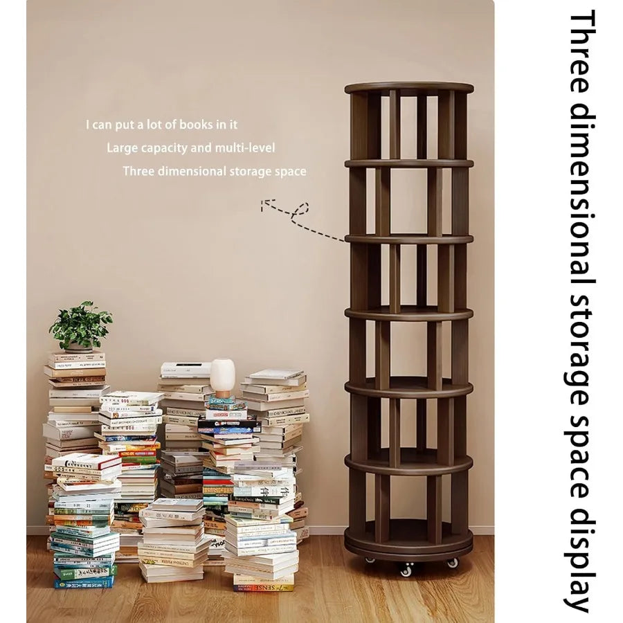 6 Tier Rotating Bookshelf Made of Solid Wood with 360 Spinning Design for Compact Rolling Bookcase Tower Ideal for Small Spaces
