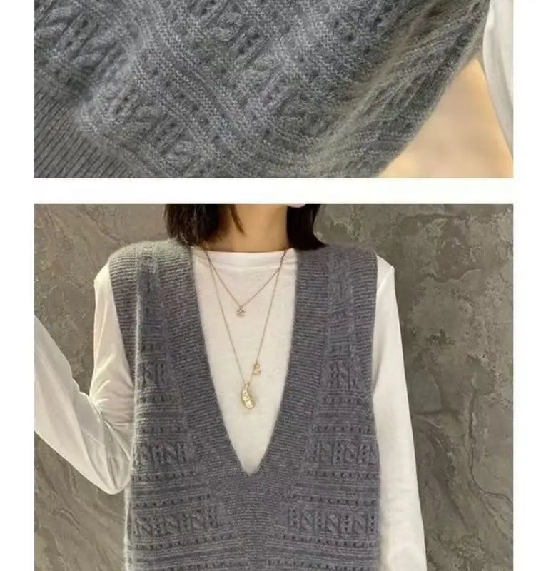 V-Neck Hollowed Out 100% Wool Knitted Vest For Women In AutumnWinter Loose Solid Color Korean Fashion Pullover Sweater Vest Top