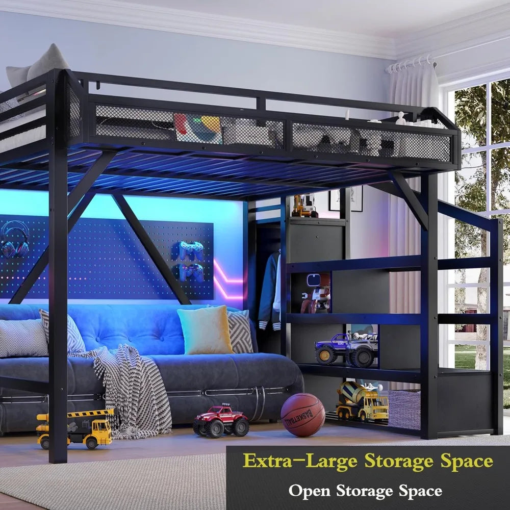 Queen Loft Bed with Storage Stairs, USB Ports & LED Lights - Black Woodgrain Metal Frame