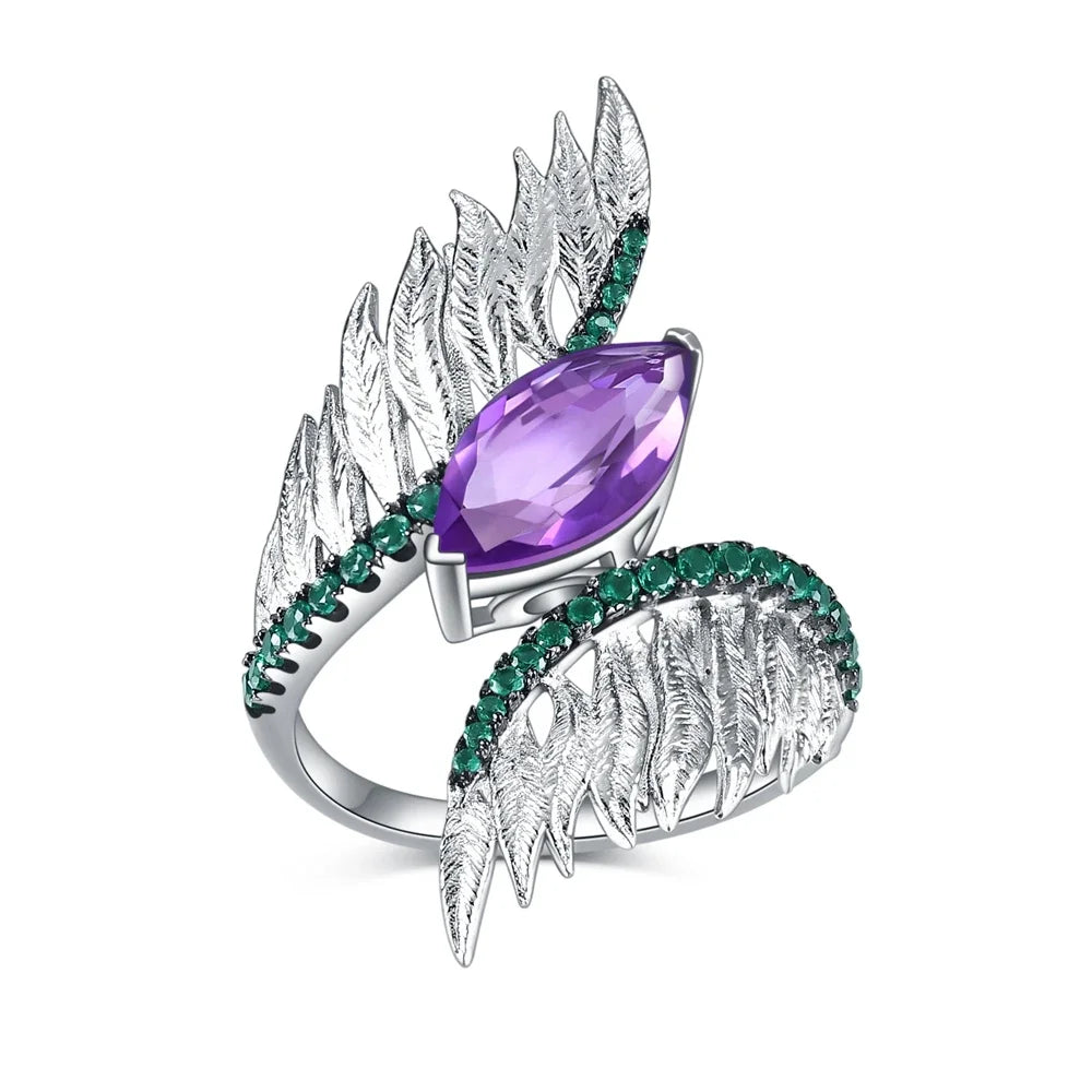 GEM'S BALLET Indian Style 925 Sterling Silver Female Rings For Women Green Agate Feather Finger Ring Sterling Silver Jewelry