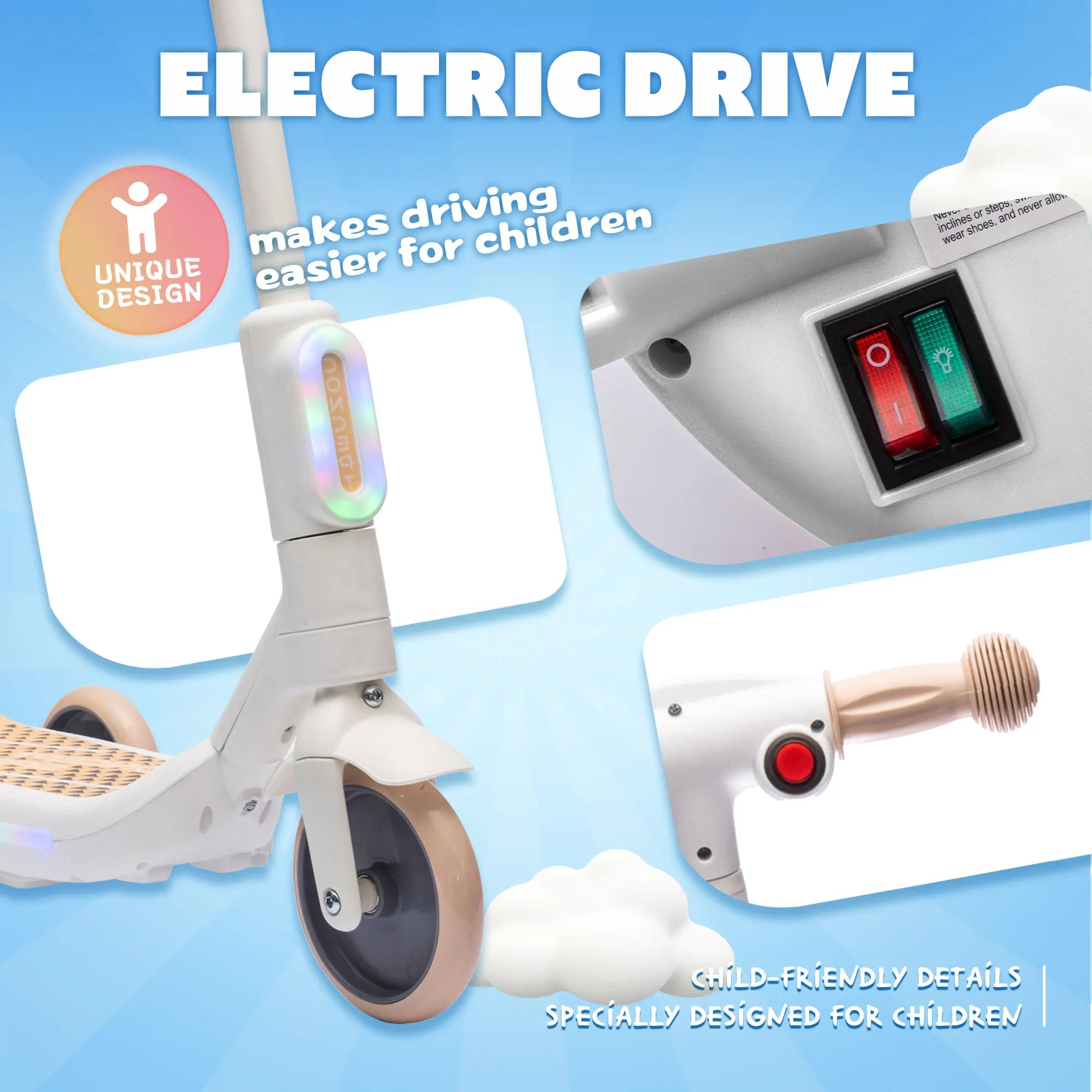 Electric Scooter for Kids Aged 3-6 Years, Ride on Toys, 3 Wheel, 3 mph Max Speed, 8 Miles Range, 66 Lbs Max Load, White