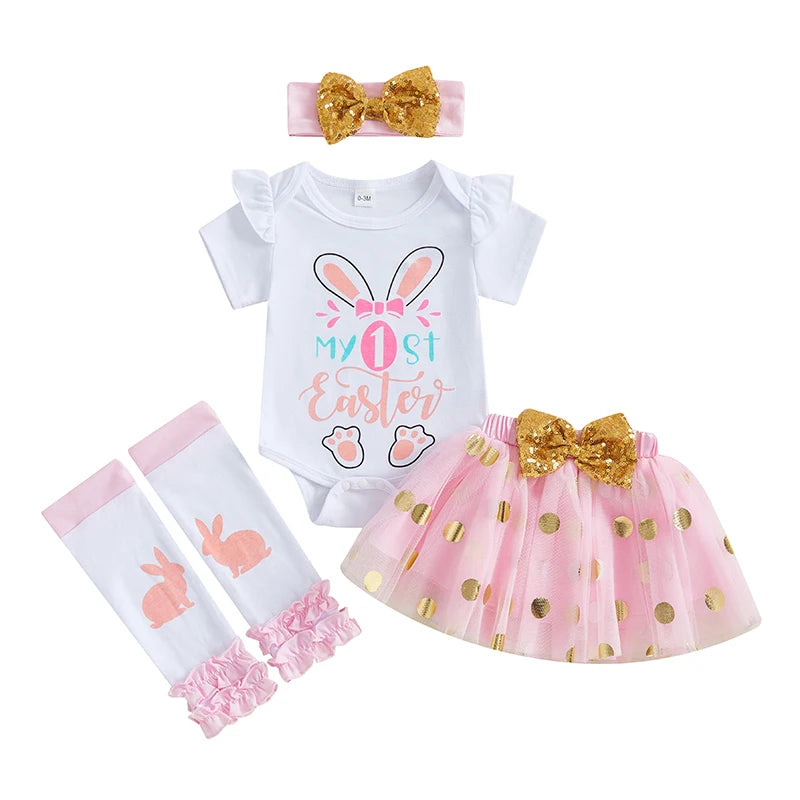 Toddler Easter Outfit Bunny Printed Short Sleeve Romper Suspender Pants Bow Socks Spring Set for Baby Boy