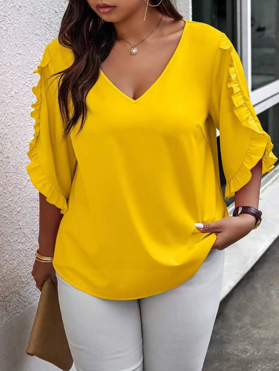 Ladies' Elegant Solid Color V-Neck Ear Cotton Blouse
