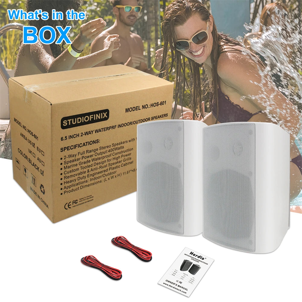 Herdio 2PCS 6.5'' 400W Outdoor Passive Speakers Wired Waterproof With Powerful Bass Wall Mount Speakers For Indoor Patio Covered