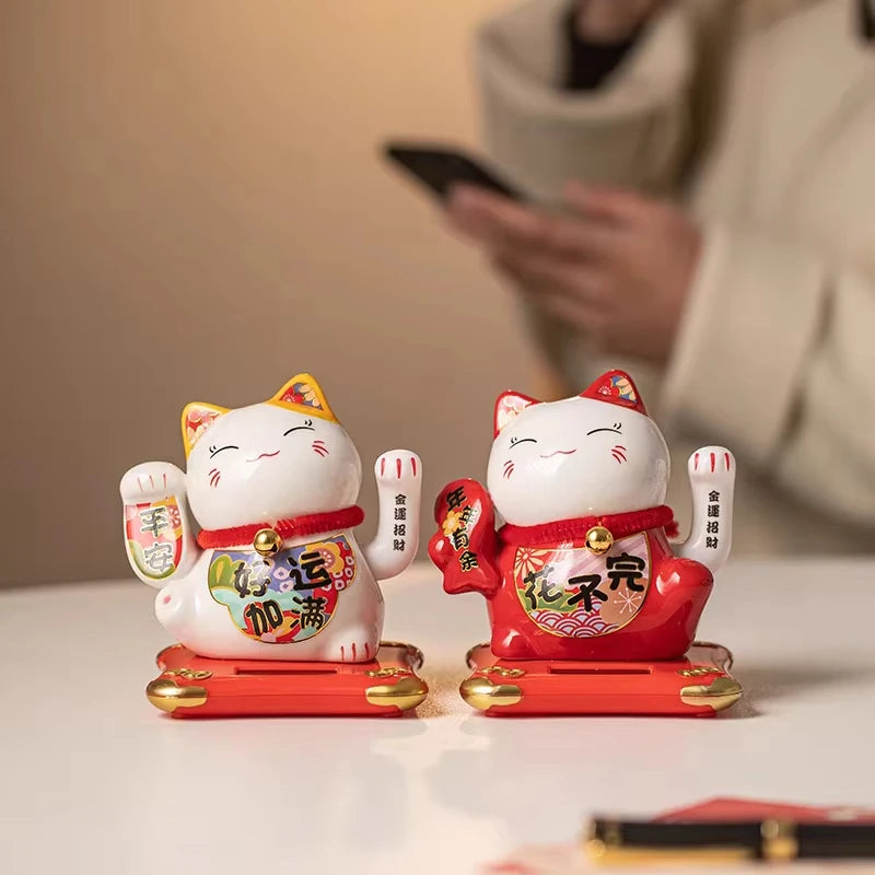4.3 Inch Solar Powered Waving Ceramic Maneki-neko Lucky Beckoning Cat for Wealth Fortune, Home Office Decor, Gift for Prosperity