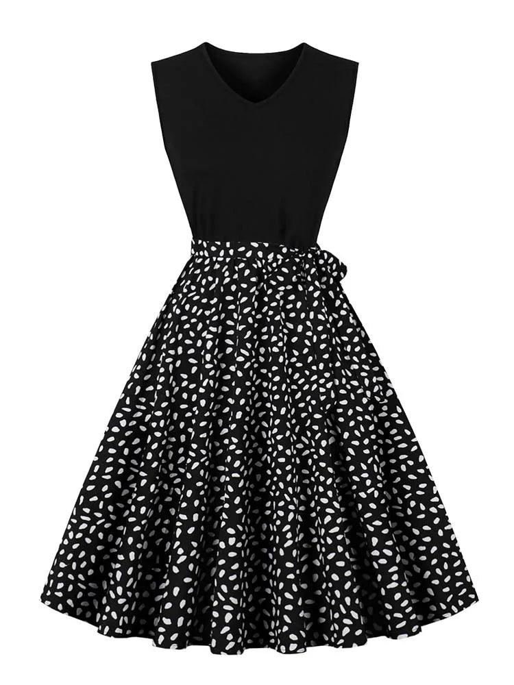 Retro Vintage Women's Summer Dress V-Neck Sleeveless High Waist Chic Floral Print with Belt 50s Style