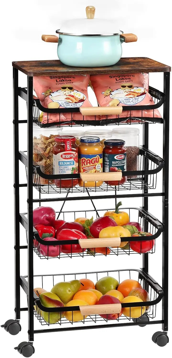 5-Tier Rolling Kitchen Cart with Wooden Top, Metal Mesh Baskets for Fruit Vegetable Storage, Easy Move Wheels