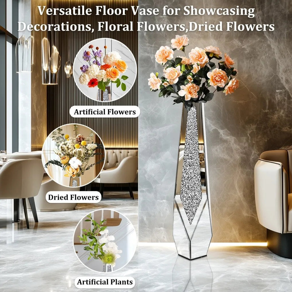 XL Floor Vase for for Dried Flower, 86cm Tall Sparkle Diamond Vase with Mirrored Bevelled Border, Open Base