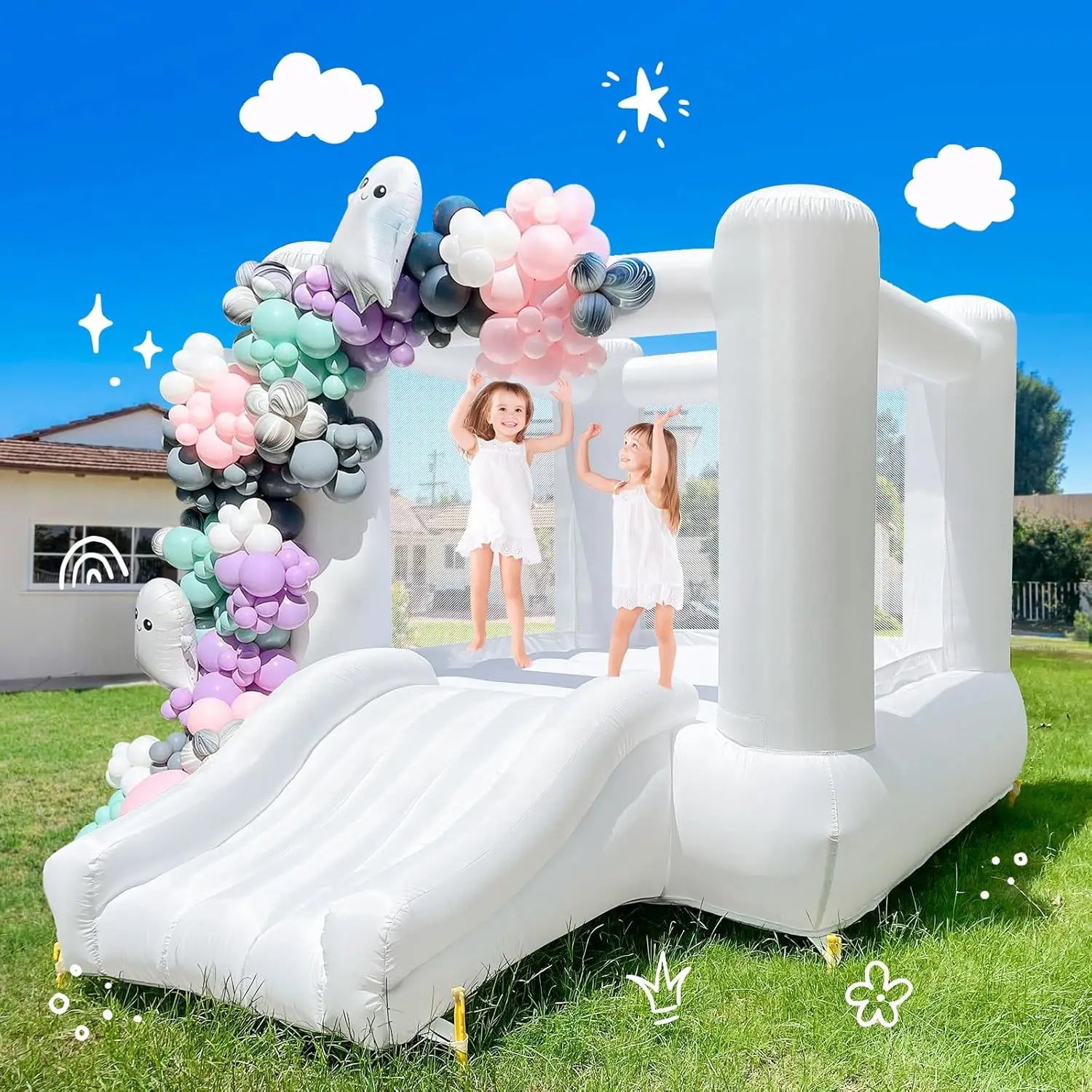 （This product is currently sold out） Inflatable White Bounce House With Slide Oxford Bouncy Castle Include Blower (without tarp)