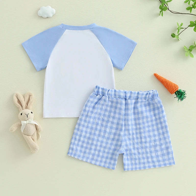 Toddler Boys Easter Outfits Adorable Bunny Embroidery Short Sleeve T-Shirt and Plaid Shorts Set for 2 Piece Clothing Ensemble