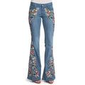 Women Retro Floral Embroidered Denim Flare Pants Distressed Straight Plus Size Trousers Elegant Women Palazzo Wide Leg Jeans