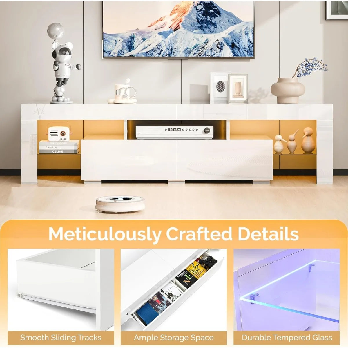 VINGLI LED TV Stand, 63'' High Glossy Modern Entertainment Center with LED Lights and Storage for 55/60/65/70 Inch TV - White