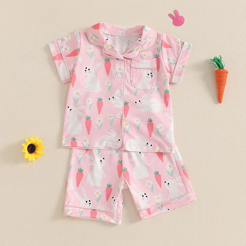Adorable Toddler Girls Easter Bunny Pajama Set with Short Sleeve Top and Shorts for Spring Summer Loungewear - 2 Piece Set