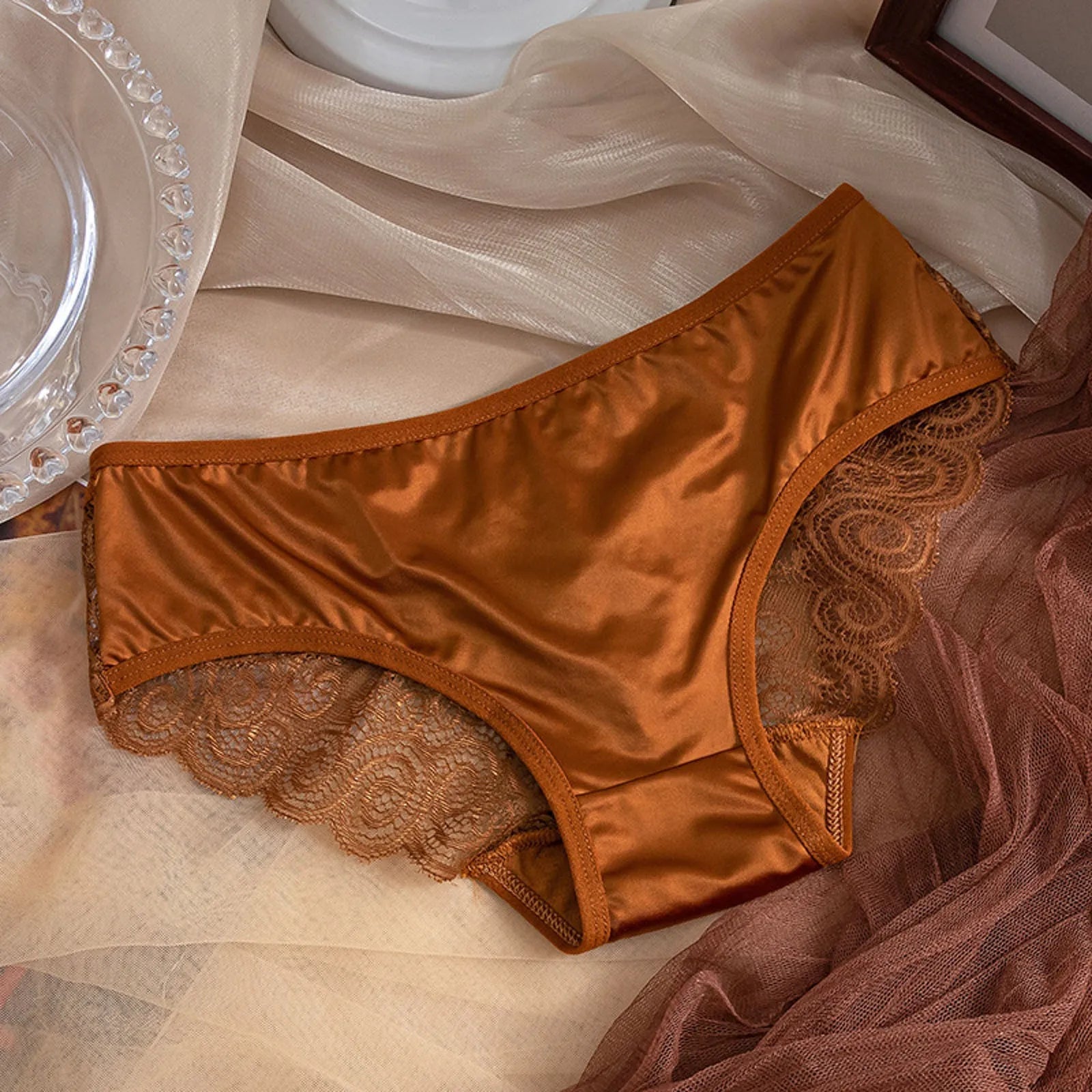 Yellow Women's Panties Silk Satin Underwear Lace Sexy Lingerie Breathable Mid Waist Female Briefs Comfortable Panty Underpants