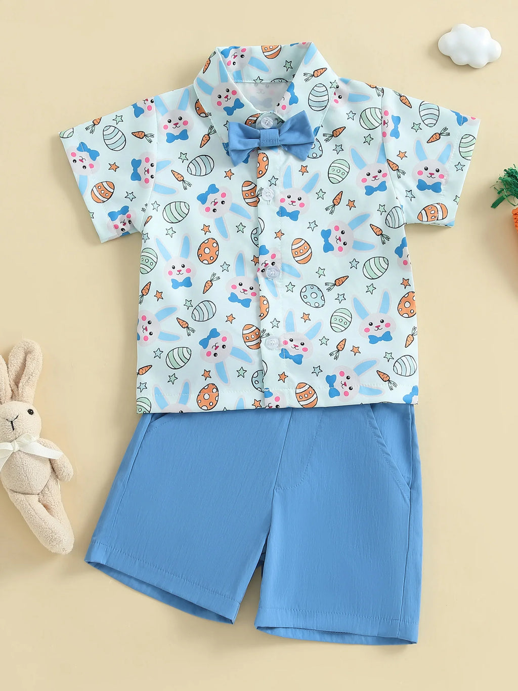 Toddler Boy Easter Outfit Bunny Egg Short Sleeve Button-up Shirt with Bowtie Solid Shorts 2 Piece Set for Spring Festivities