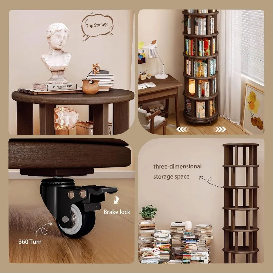 6 Tier Rotating Bookshelf Made of Solid Wood with 360 Spinning Design for Compact Rolling Bookcase Tower Ideal for Small Spaces