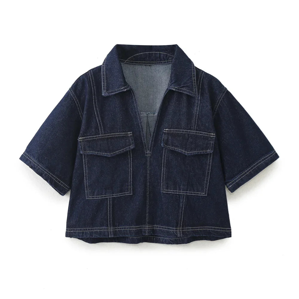 Summer New Women's Fashion Temperament Casual Versatile V-neck Short Denim Shirt Double Breasted Denim Skirt Suits Outfits