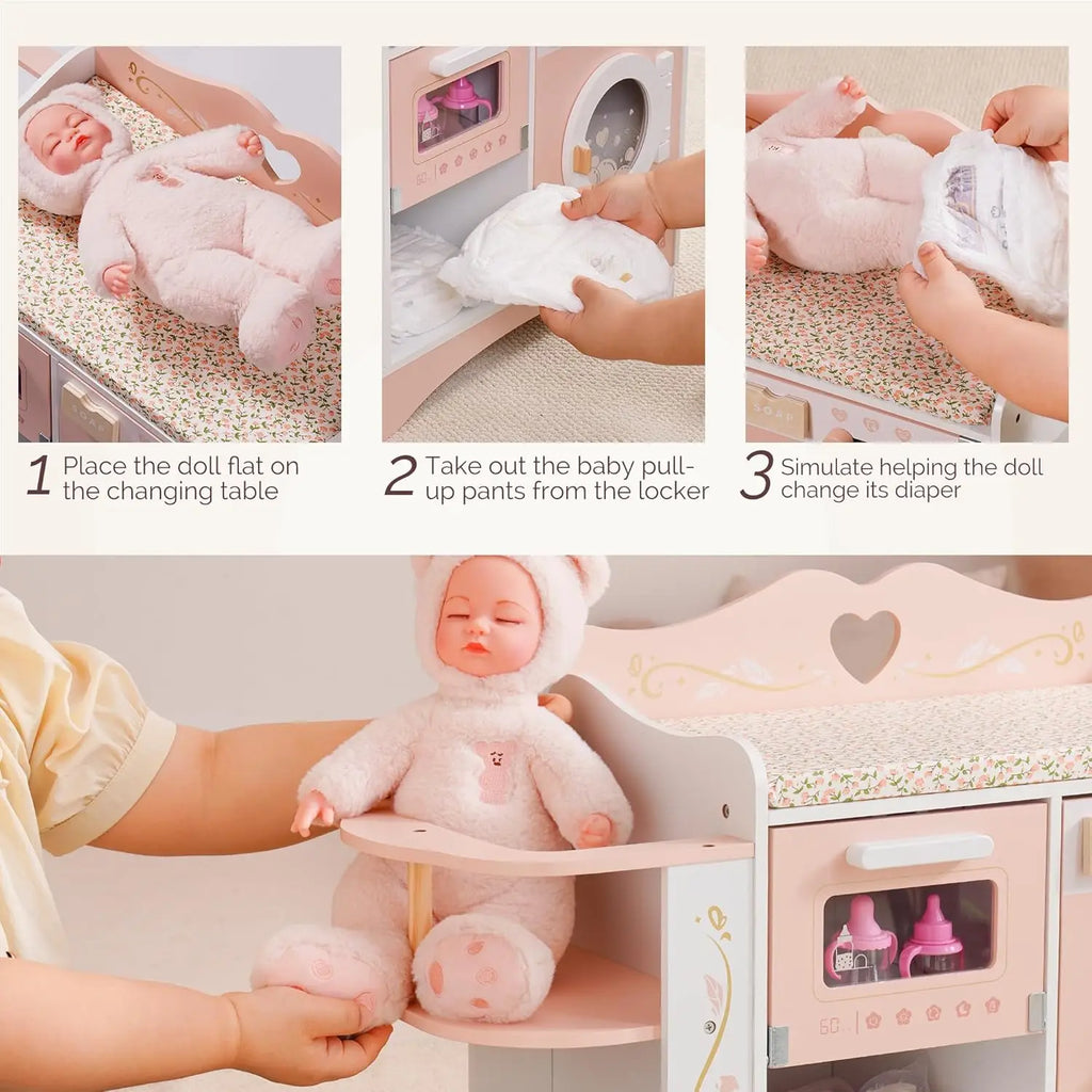 Robud Wooden 6-in-1 Baby Doll Changing Table with Baby Doll Crib Washing Machine Bottle Sterilizer Storage Area for Kids in Pink