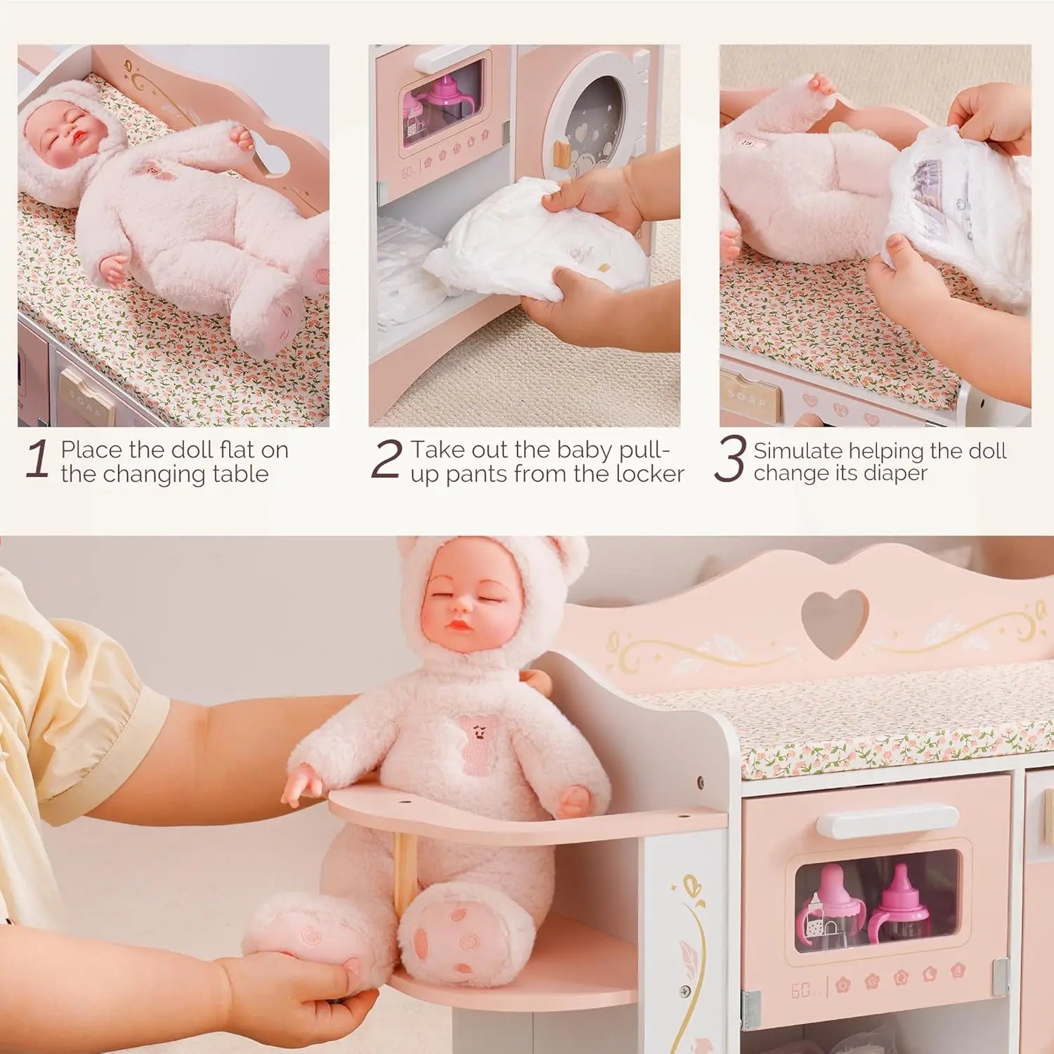 Robud Wooden 6-in-1 Baby Doll Changing Table with Baby Doll Crib Washing Machine Bottle Sterilizer Storage Area for Kids in Pink