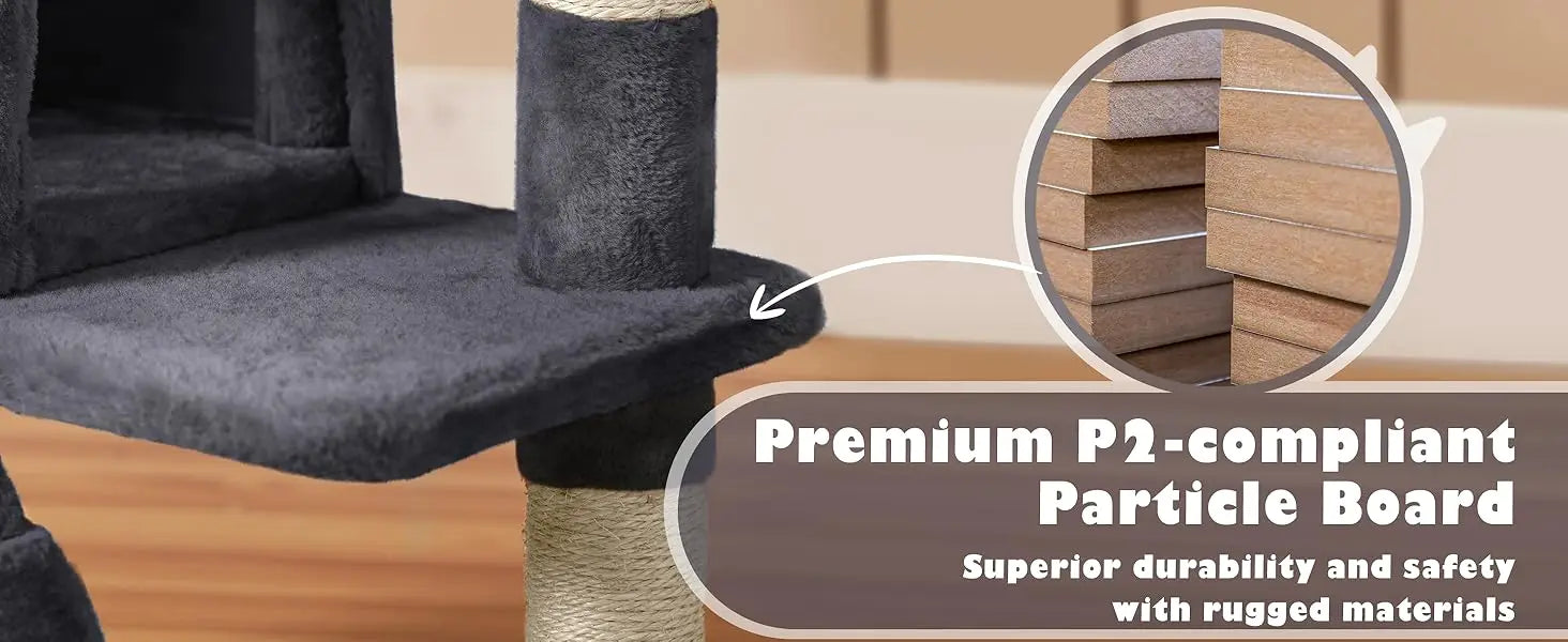 54in Cat Tree, Multi-Level Cat Tower With Spacious Kitten-ear Perch, 2 Cozy Caves, Scratching Posts, Climbing Ladder, 2 Plush Ba