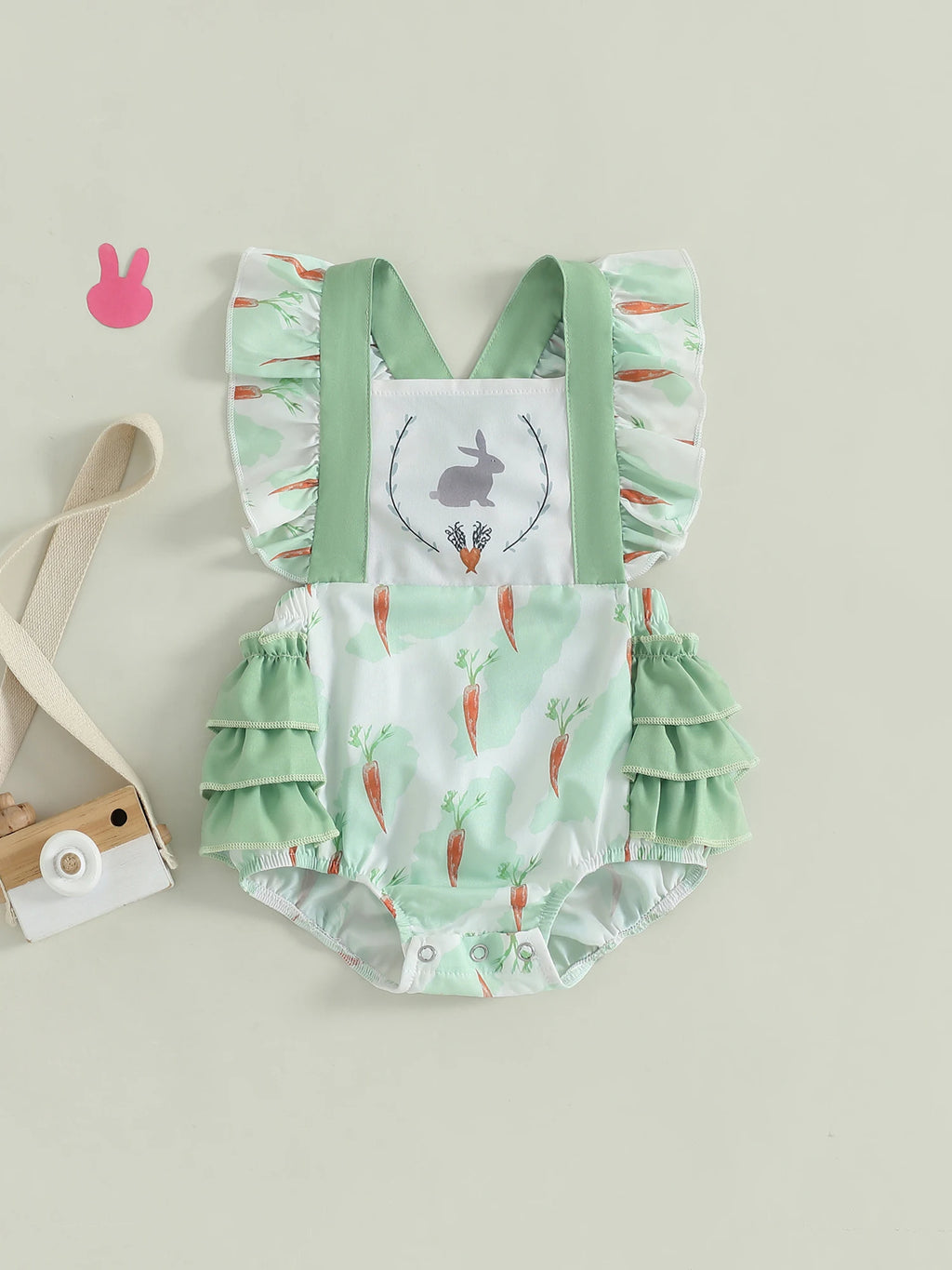 Adorable Infant Easter Jumpsuit with Cute Bunny and Carrot Print Sleeveless Ruffle Square Neck Baby Girl Outfit for Newborns