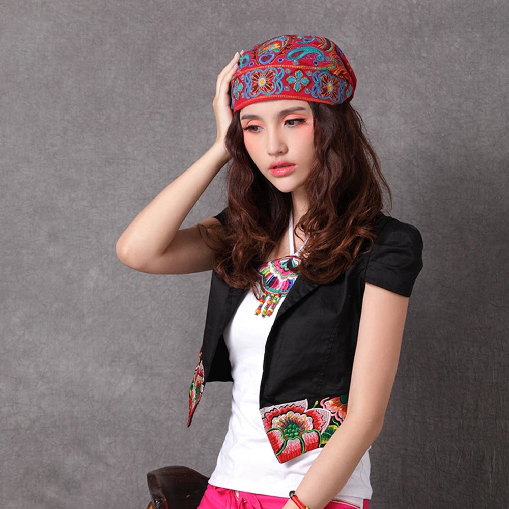Women Mexican Style Ethnic Vintage Embroidery Flowers Hat Red Print hats for women Beanies Hats