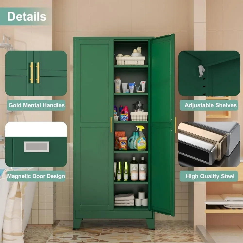 Metal Pantry Cabinet with 2 Doors and 5 Adjustable Shelves, 75" Kitchen Storage cabinets with Gold Handles, Versatile Storag