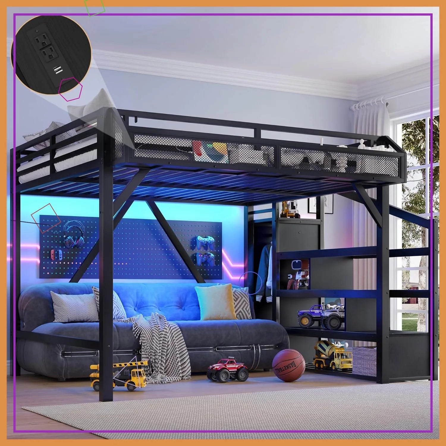Queen Loft Bed with Storage Stairs, USB Ports & LED Lights - Black Woodgrain Metal Frame