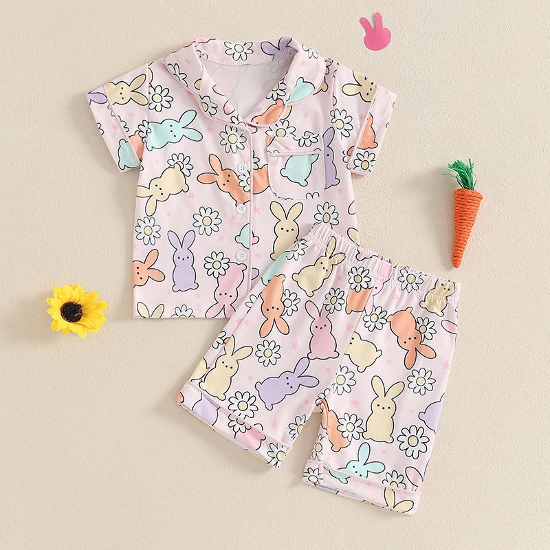 Adorable Toddler Girls Easter Bunny Pajama Set with Short Sleeve Top and Shorts for Spring Summer Loungewear - 2 Piece Set
