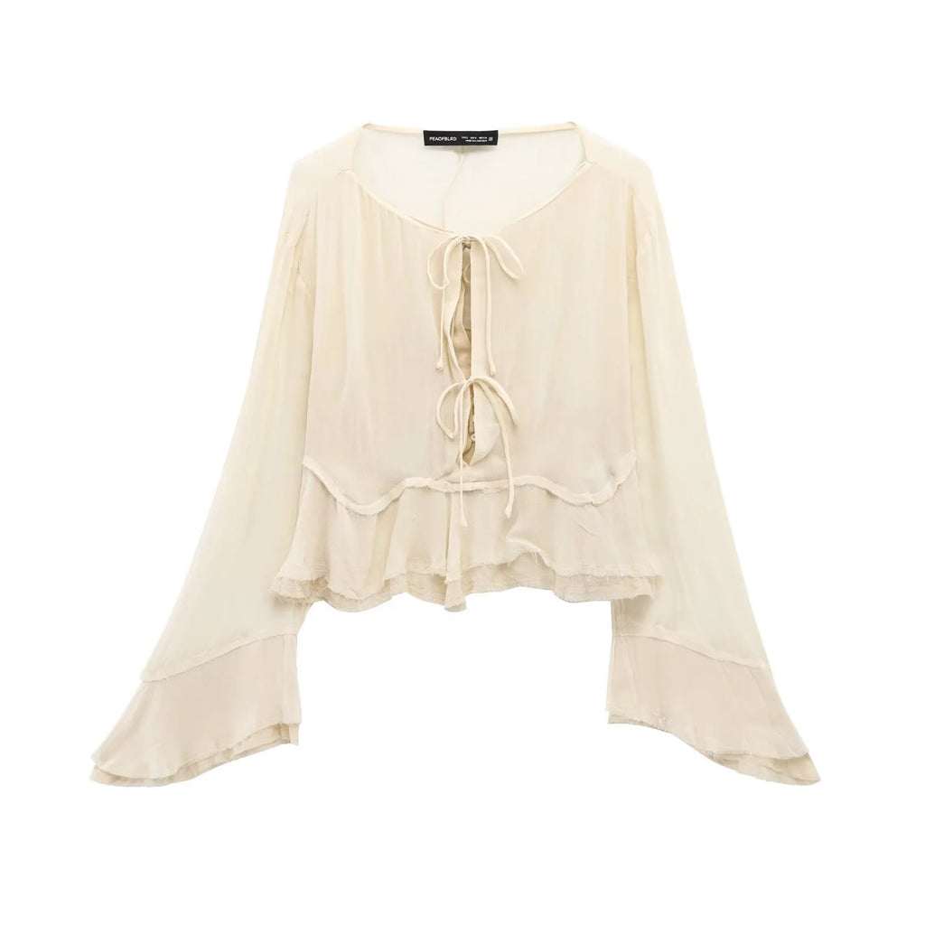 Spring New Product Spicy Girl High End Layered Decoration Romantic Style Translucent Trumpet Sleeve Shirt