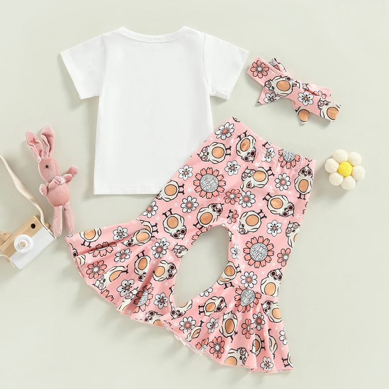Baby Girls Easter Outfit Sets Pink Ruffle Sleeve Top Bunny Print Leggings Matching Headband and Bow