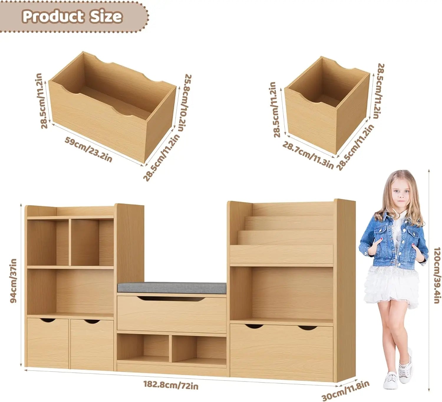72” Kids Bookshelf with Reading Nook, Large Toy Storage Organizer, Kids Reading Nook Toy Organizers and Storage with Bench