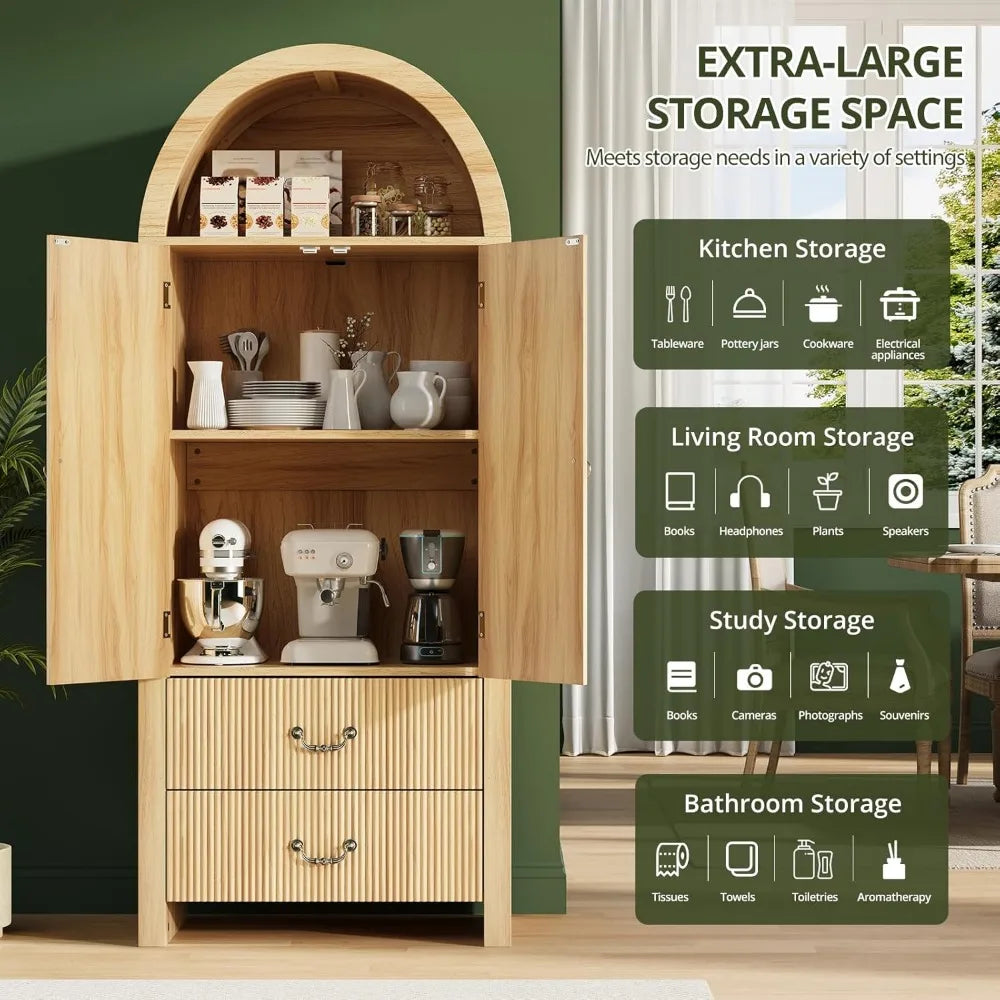 Fluted Arched Cabinet with Doors, Wood Pantry Storage Cabinet with Large Drawers, Modern Versatile Bookcase ,Customized