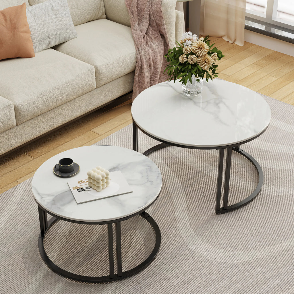 Circle Nesting Coffee Table Set of 2, Modern Chic Round Nested Center Coffee Table with Sinter Stone-top Stacked Sofa Side Table