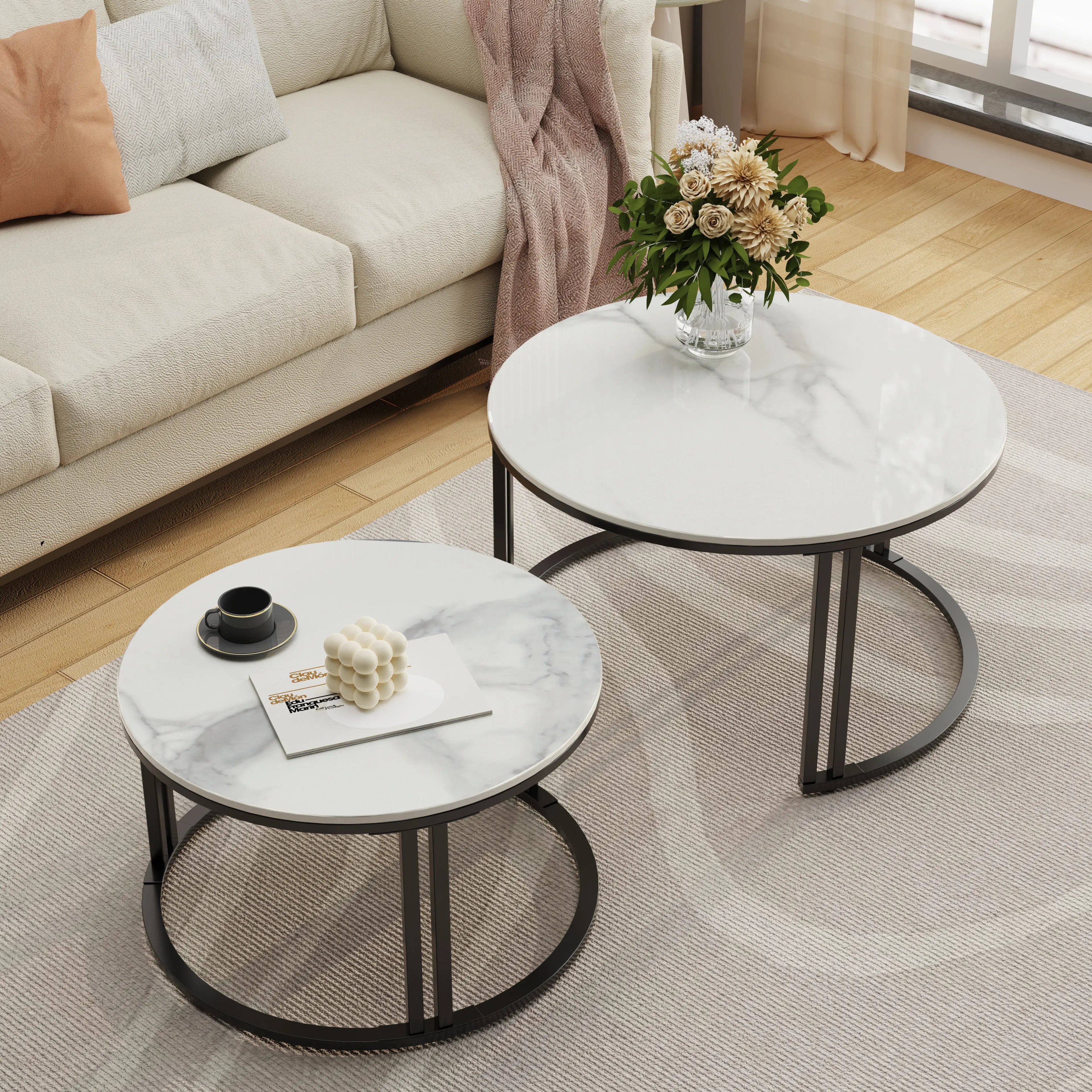 Circle Nesting Coffee Table Set of 2, Modern Chic Round Nested Center Coffee Table with Sinter Stone-top Stacked Sofa Side Table