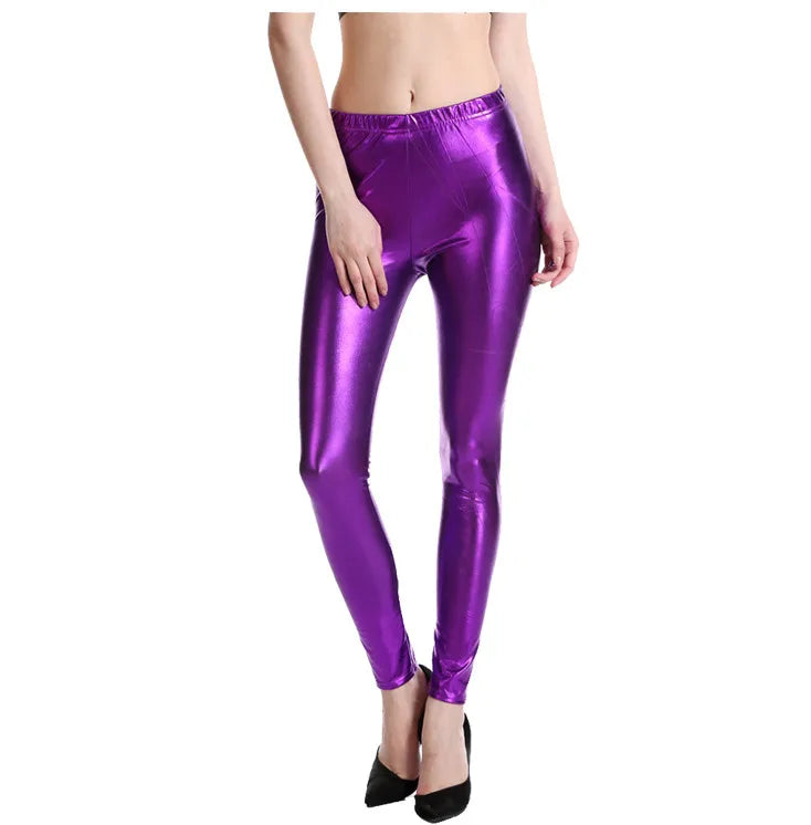Womens Metallic Color PU Leggings Faux Leather Slim Fit Ladies Legging Dancing Party Pants Sexy Night Club Skinny Tight Trousers