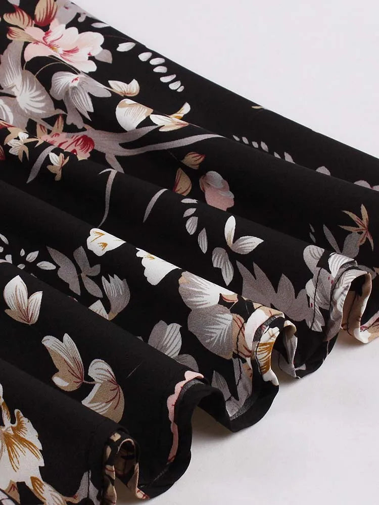 Retro Vintage Women's Summer Dress V-Neck Sleeveless High Waist Chic Floral Print with Belt 50s Style