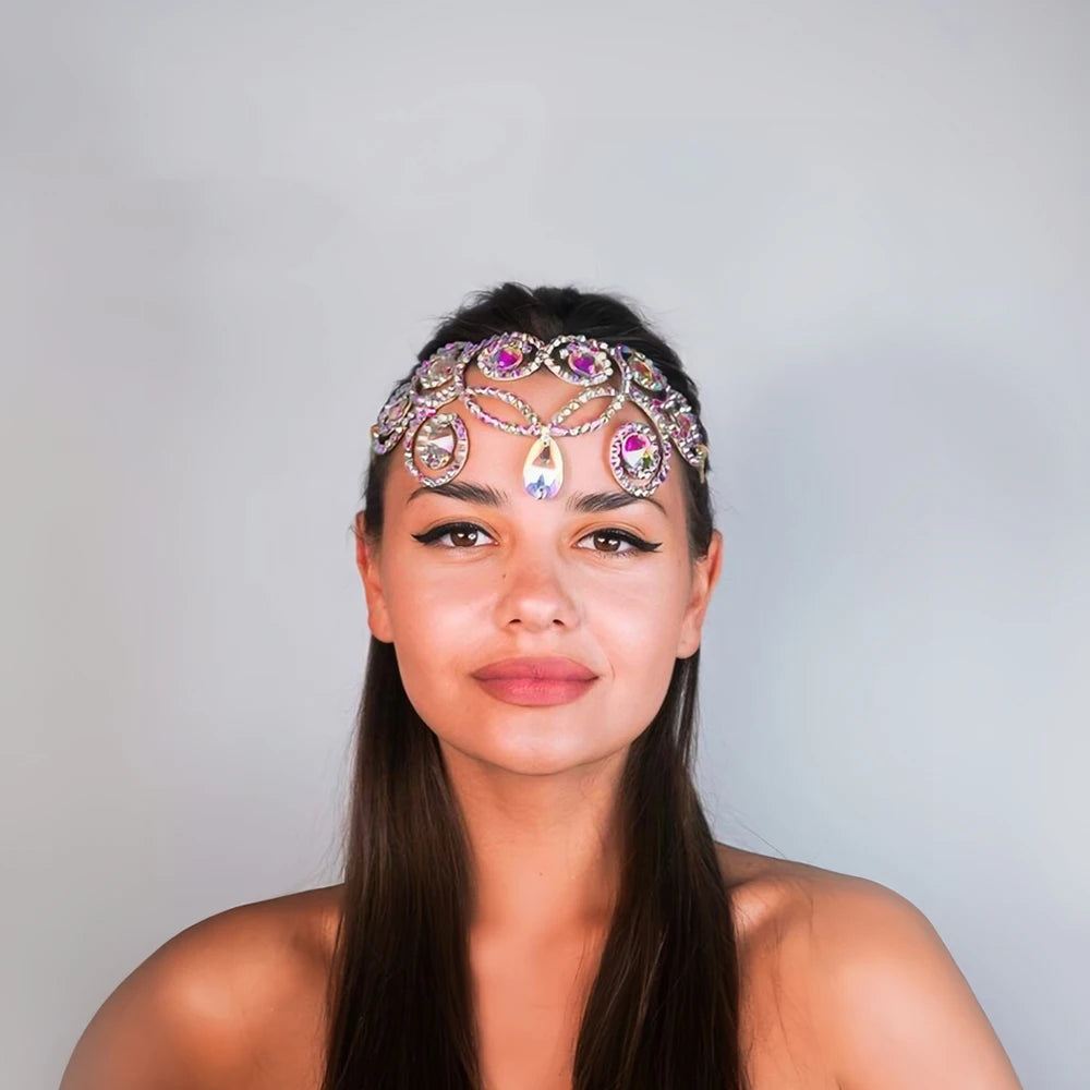 Stonefans Elegant Hollow Forehead Chain Belly Dance Head Decoration Colourful Geometric Rhinestone Headpiece Jewelry Ballroom