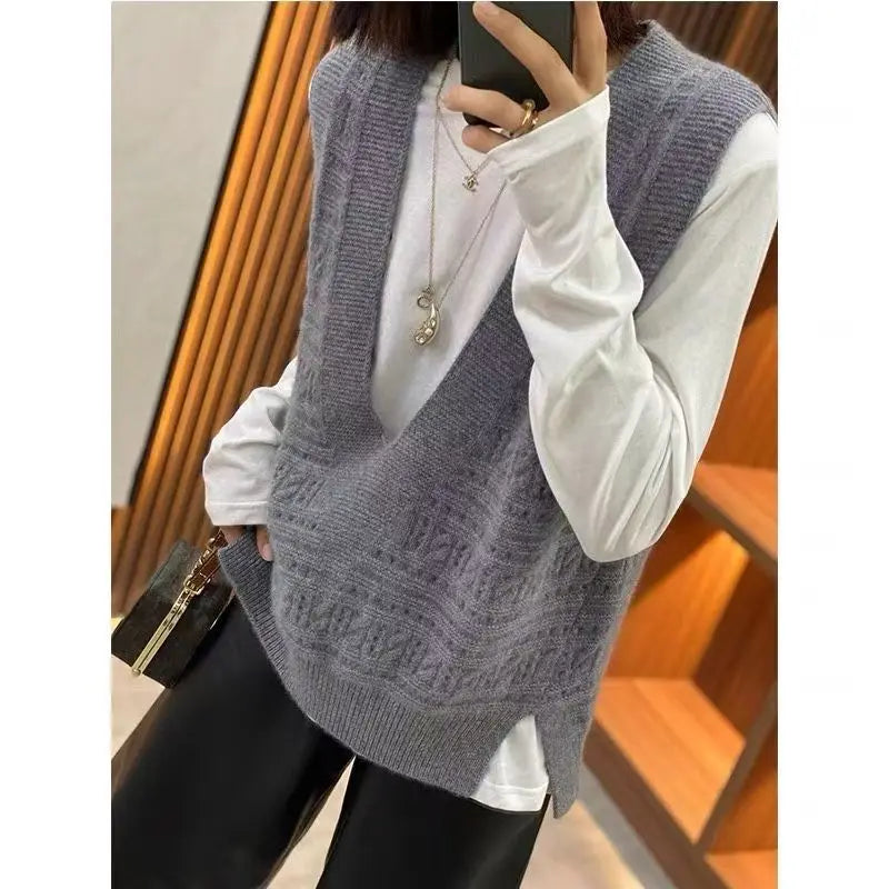 V-Neck Hollowed Out 100% Wool Knitted Vest For Women In AutumnWinter Loose Solid Color Korean Fashion Pullover Sweater Vest Top