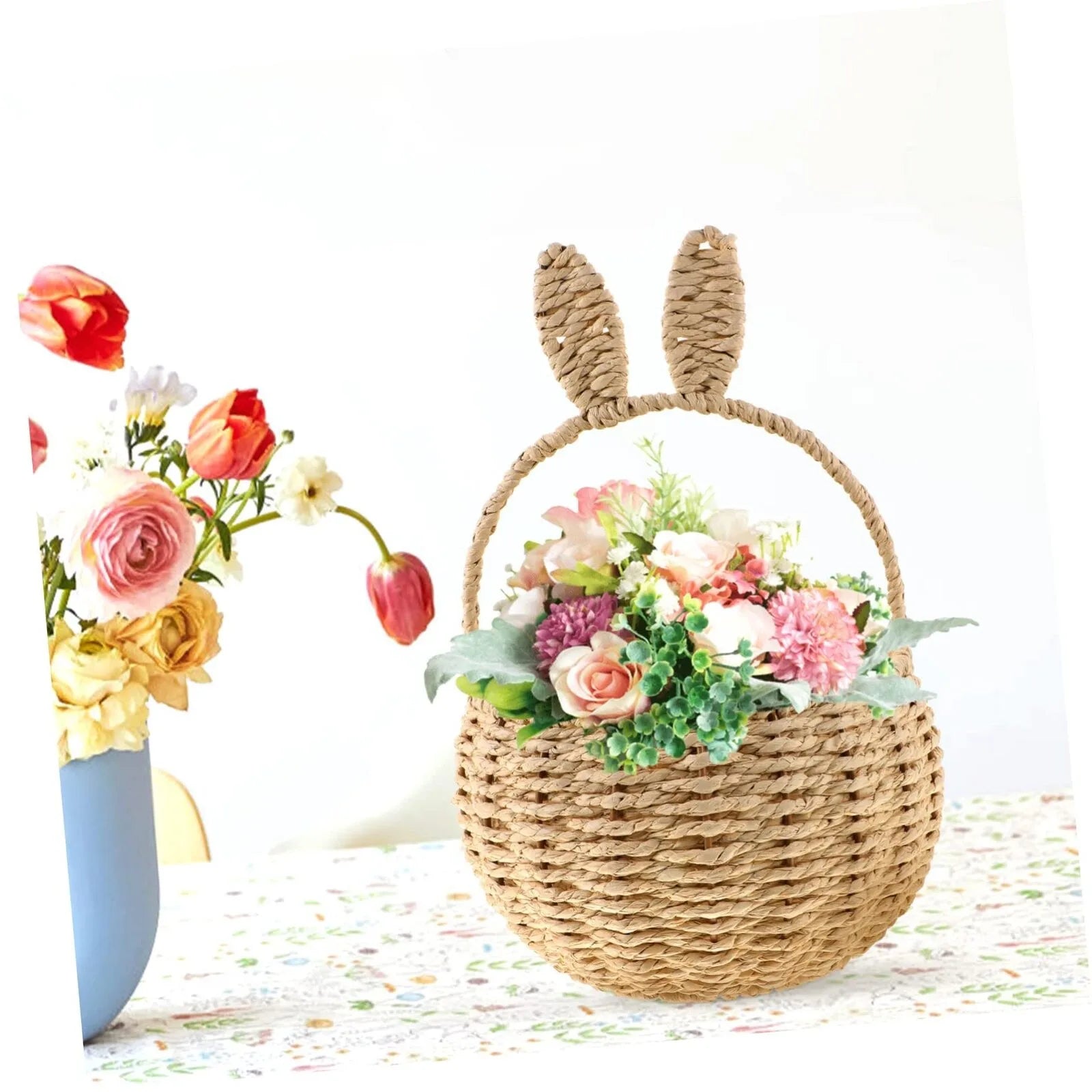 Bunny Rattan Woven Basket Rabbit Ear Storage Box Paper String Handwoven Easter Party Candies Basket Rabbit Picnic Home Room Deco