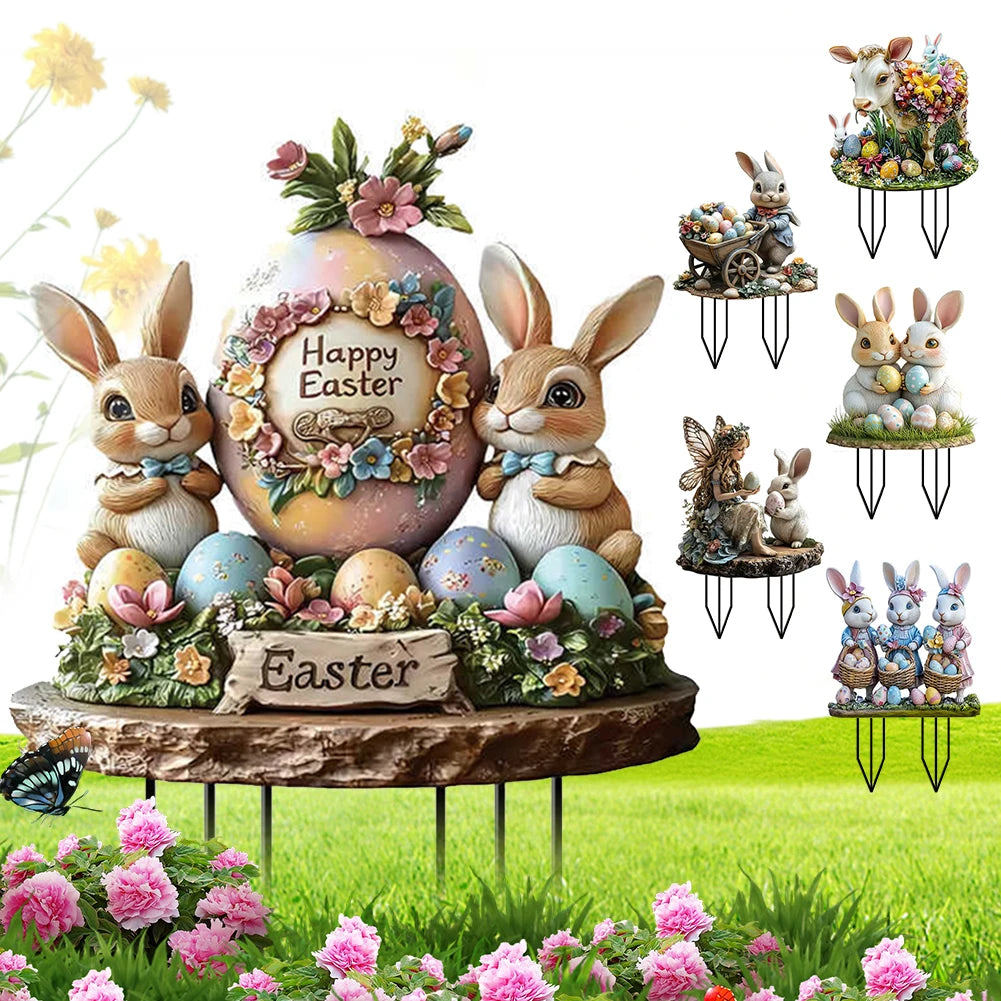 Easter Bunny Garden Stake Acrylic Easter Yard Sign 2D Flat Easter Rabbit Garden Signs for Easter Decorations