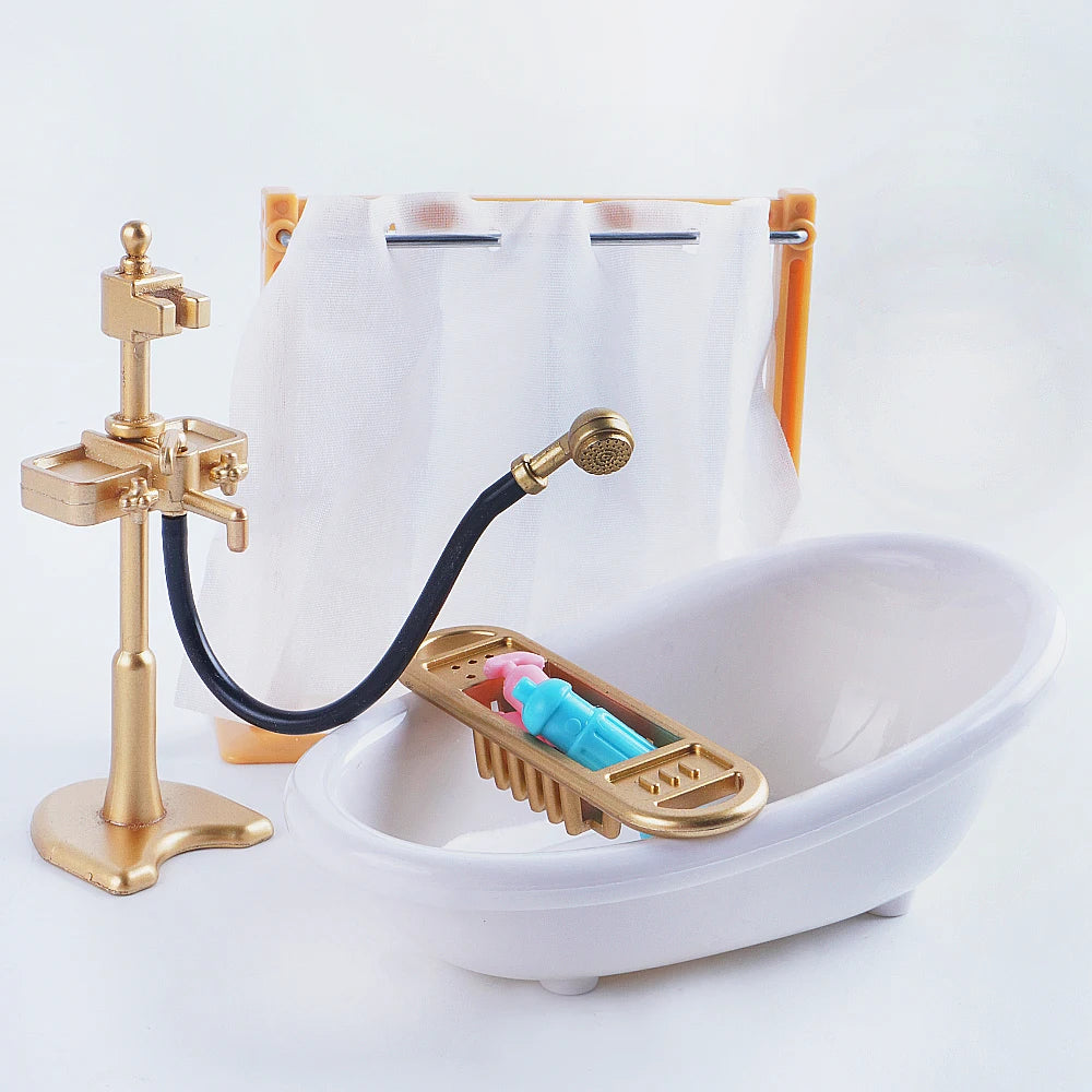 SENGTONGLE-T03 Bathroom Set Dollhouse Miniature Furniture Bathtub Pretend Play Doll House Accessories For Boy Girl Gifts