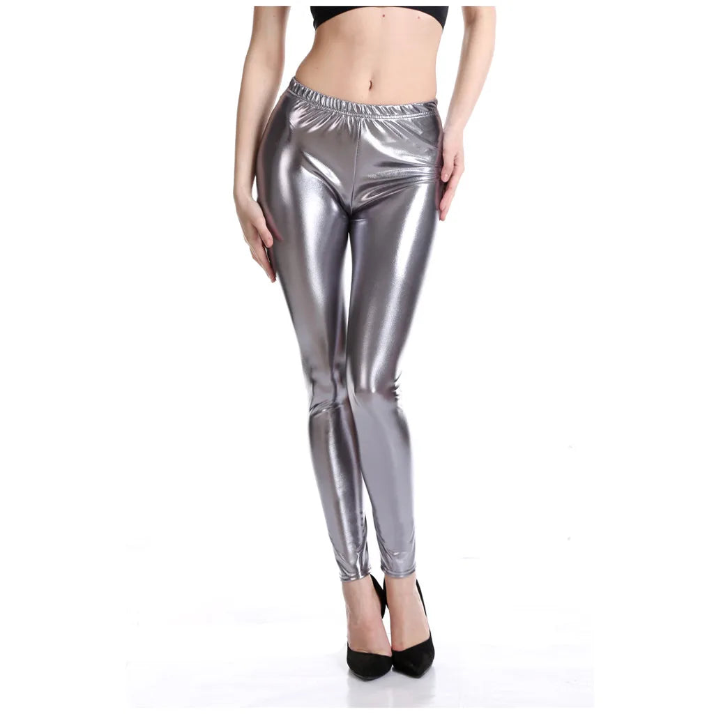 Womens Metallic Color PU Leggings Faux Leather Slim Fit Ladies Legging Dancing Party Pants Sexy Night Club Skinny Tight Trousers