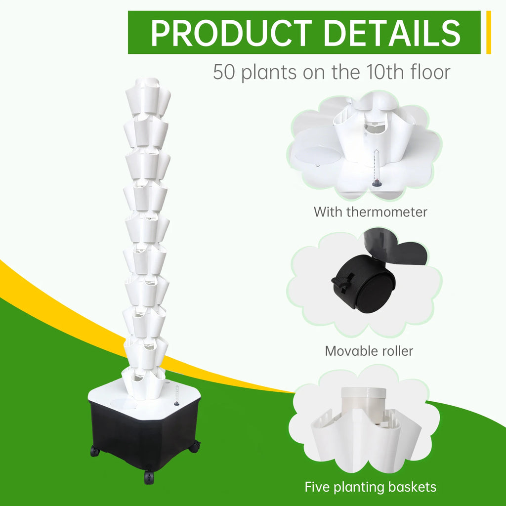 Vertical Hydroponic Garden Tower 10-layer Hydroponic Vegetable Planting Towers 50 Slots High-Rise Building Gardening Towers