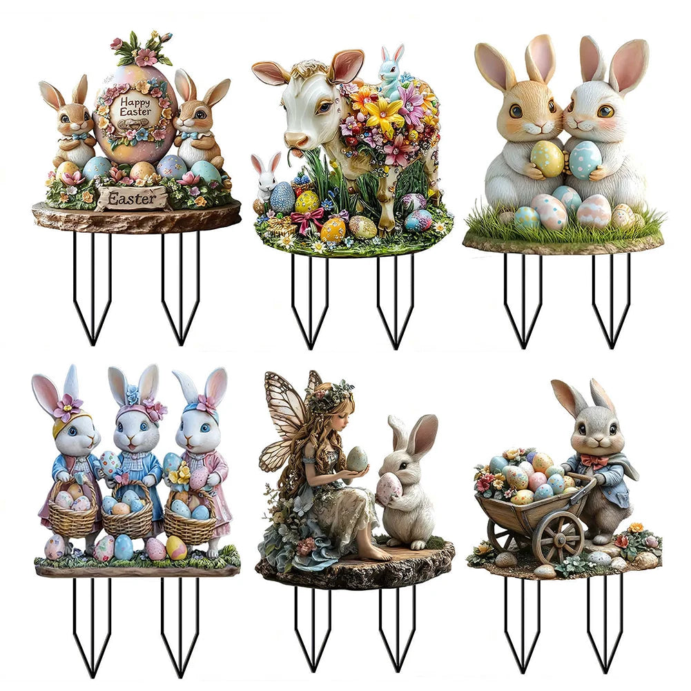 Easter Bunny Garden Stake Acrylic Easter Yard Sign 2D Flat Easter Rabbit Garden Signs for Easter Decorations